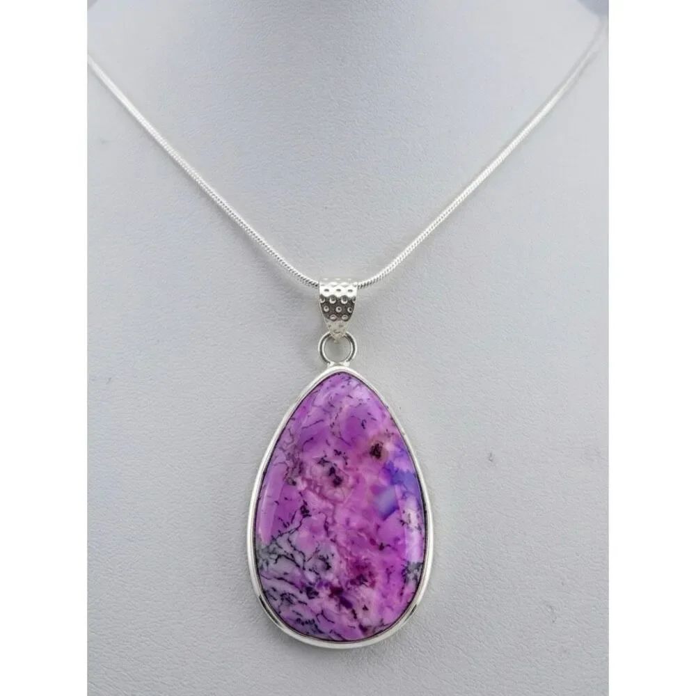 Pink Dendrite Opal Stone Teardrop Pendant Necklace Silver Chain Boho Jewelry